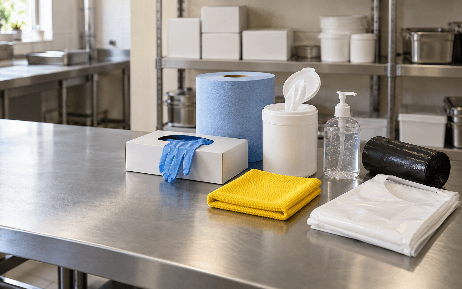 Gloves, wipes, blue roll, sanitiser, bin liners and aprons on a stainless kitchen bench