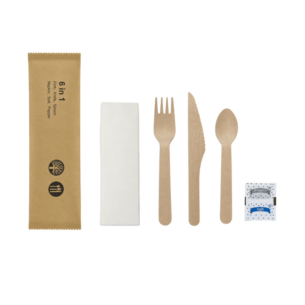 6-in-1 Wooden Cutlery Set (Fork, Knife, Napkin, Salt, Pepper)