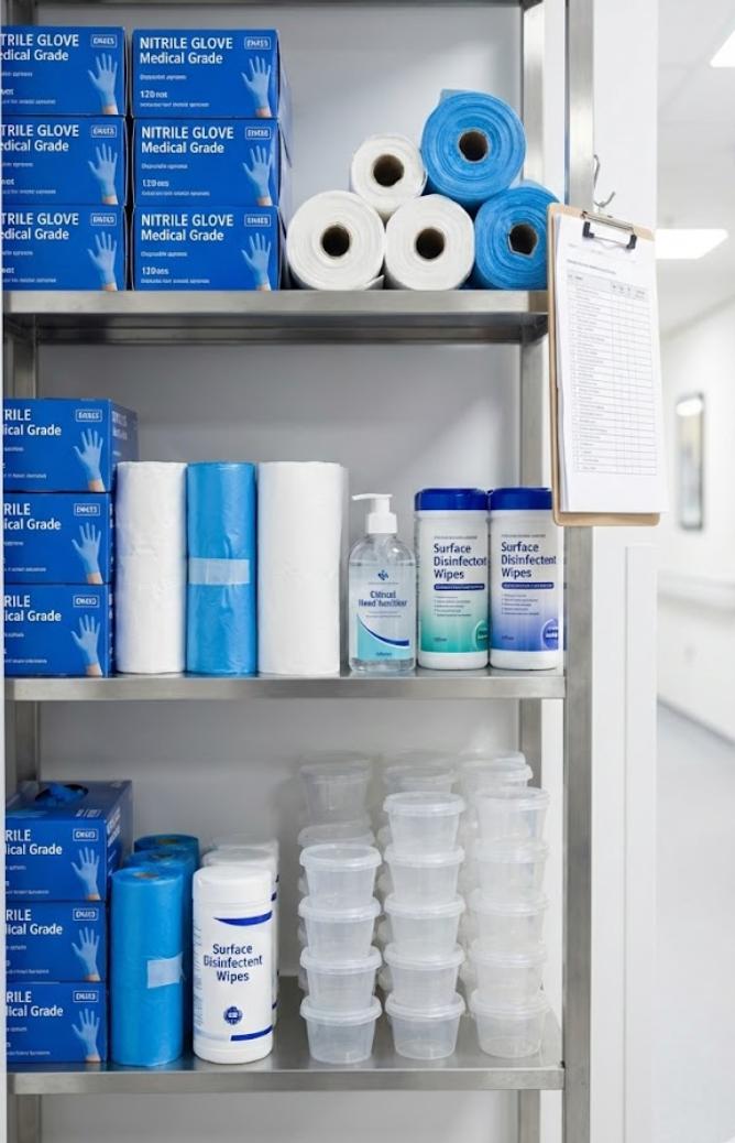 Nurse organizing medical supplies in a care home