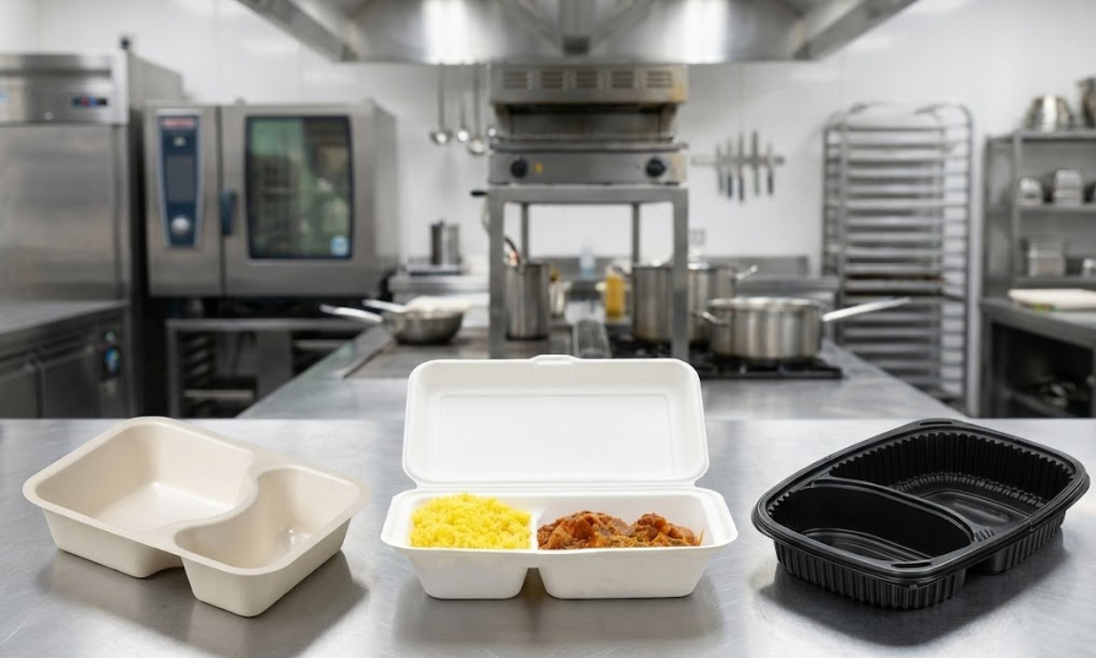 Collage of Meals on Wheels packaging: CPET, Bagasse, and Sealer