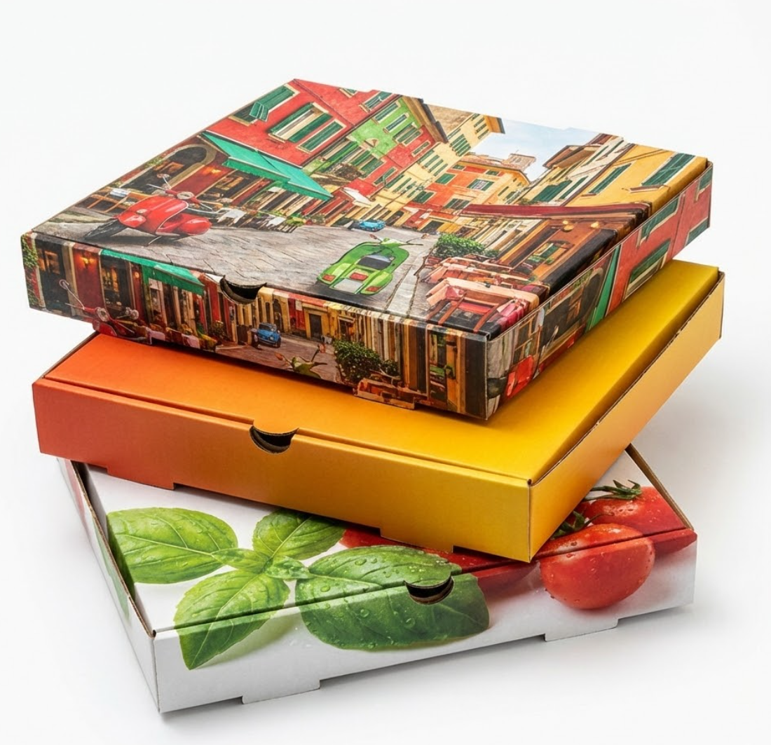 Stack of custom printed pizza boxes
